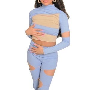 "Arctic Tease" Blue and Tan Patchwork Ribbed Knit Two Piece Matching Pants Set
